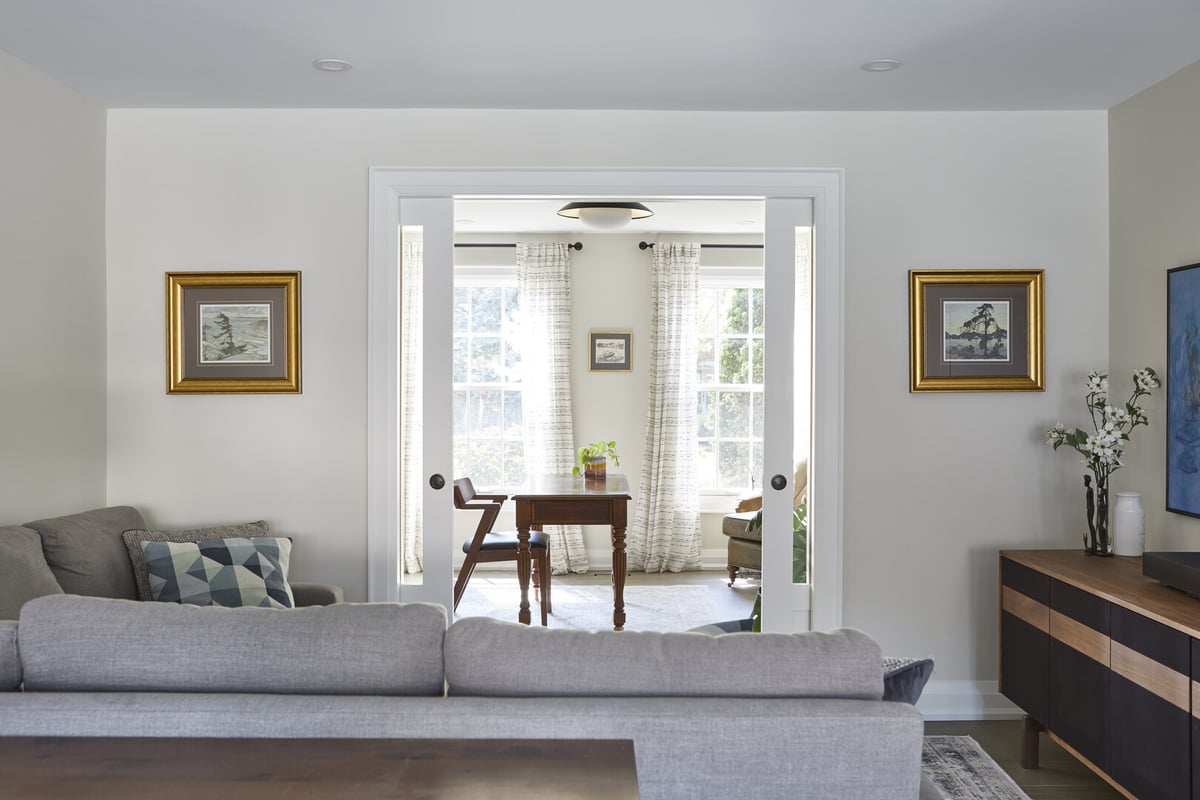 Living room with office view in Markham home renovation by Master Edge Homes