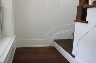 Victoria-Custom trim on staircase with beadboard on side in Markham, Ontario home