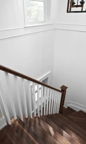 Victoria-Staircase details in Markham renovation with white rail posts